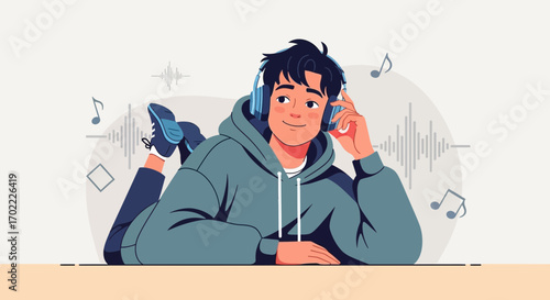 A Young Man Relaxes Listening To Music With Headphones And Expressive Tone