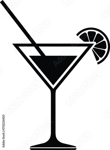 Modern martini cocktail icon with lemon slice and straw minimalist vector