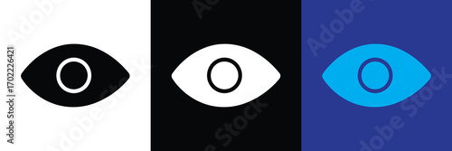 Three stylized eye icons in black, white, and blue on contrasting backgrounds