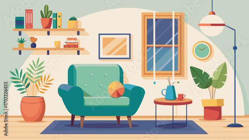 Vector art of charming living room interior with a cozy armchair, window, and decorative elements, creating a warm and inviting atmosphere for relaxation