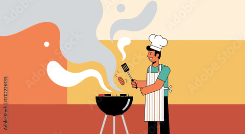 A cheerful chef grilling food on a barbecue, vector illustration to enjoy