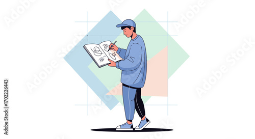 A young man sketching in a notebook, graphic illustration, isolated on white background