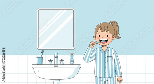 A Young Person Brushing Teeth in the Morning Bathroom Routine Illustration