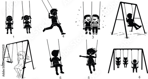 Silhouettes of Children Playing on Swings, Outdoor Playground Fun, Happy Kids Swinging, Childhood Joy, Friendship, Active Playtime Illustration