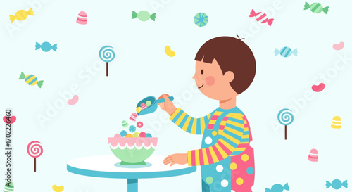 A cheerful child filling a bowl with colorful candies for a sweet treat illustration