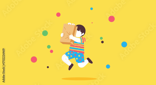 A cheerful child is holding a paper bag leaping in a bright yellow background