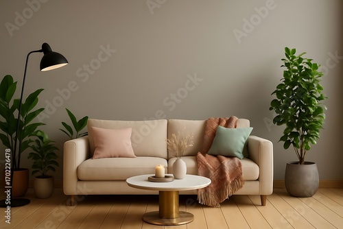 Modern Living Room With Sofa And Green Plants