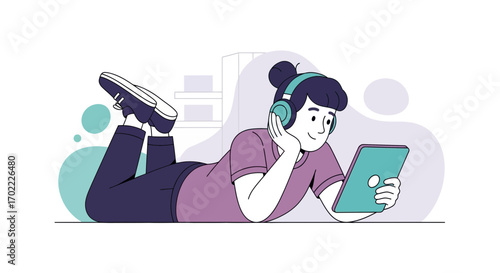 A Young Person Relaxing and Listening to Music while Using a Tablet Device