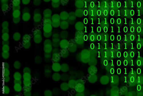 Fotografija Green binary number system on blurred soft bokeh from LED lighting