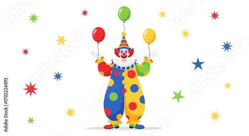 A cheerful clown juggles balloons amidst festive stars, bringing smiles to the viewer