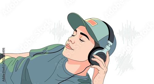 A young person relaxing and listening to music with headphones on against a white backdrop