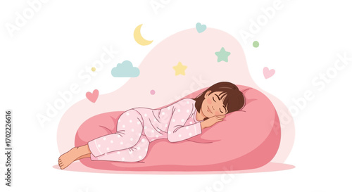 A young woman is sleeping or resting peacefully on a pink beanbag pillow