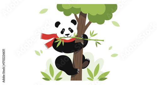 A cheerful panda bear climbing a tree and enjoying some bamboo for a meal