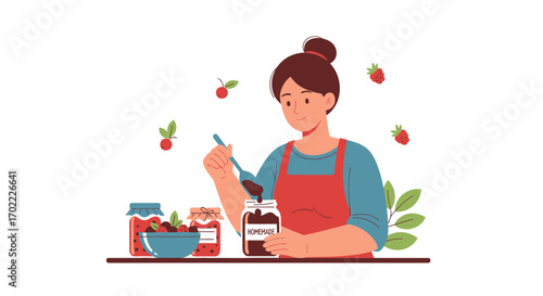 A Young Woman Preparing Homemade Fruit Jam in an Apron and Illustrative Style