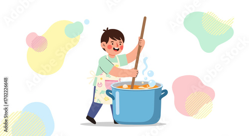 A cheerful illustration of a person stirring soup in a large pot casually cooking meal
