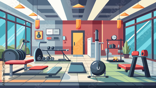 Vector art of a wellequipped gym interior featuring various exercise machines, weights, and fitness accessories, all bathed in natural light from the surrounding windows