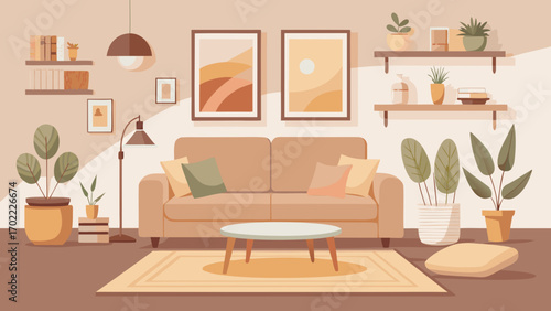 Vector art of a cozy living room interior with a sofa, plants, and decorative items, creating a warm and inviting atmosphere for relaxation and leisure activities