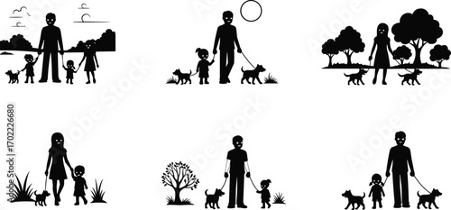 Silhouettes of family walking dogs in nature, parents and children enjoying outdoor park activities, pet care, bonding, and healthy lifestyle