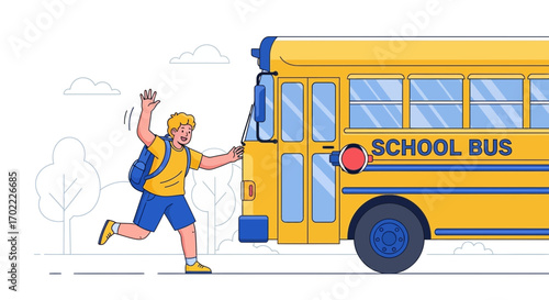 A cheerful student running and waving to catch the school bus cartoon vector illustration