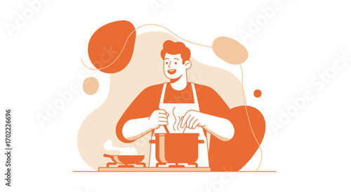 A cheerful person cooking food in the kitchen during the process cartoon illustration