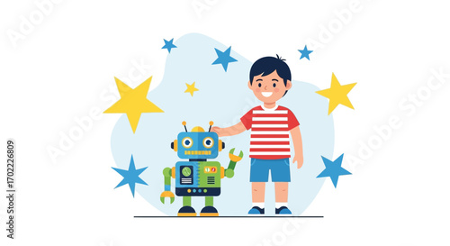 A Cheerful Youngster Embraces a Robot Friend, Celebrating Innovation and Friendly Technology