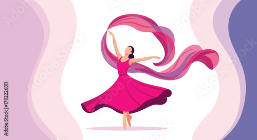 Abstract vector illustration of a woman dancing with flowing fabric; vibrant pink colors