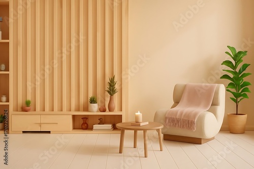 Modern Minimalist Interior With Natural Wood And Green Accents