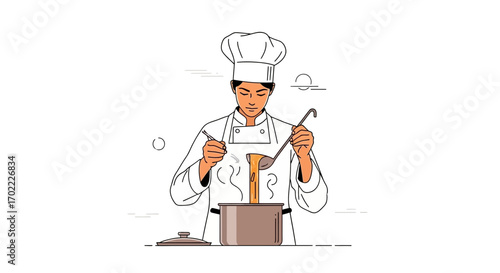 A chef cooking in a pot, culinary concept, vector illustration, cooking process