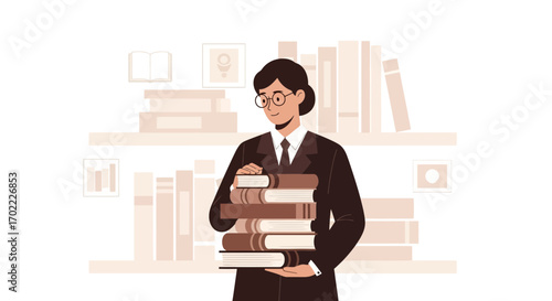 Academic Person Holding Books in Library Surrounded by Shelves, Studying and Learning.