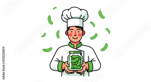 A chef holds a jar of pickles, cartoon illustration with floating pickles