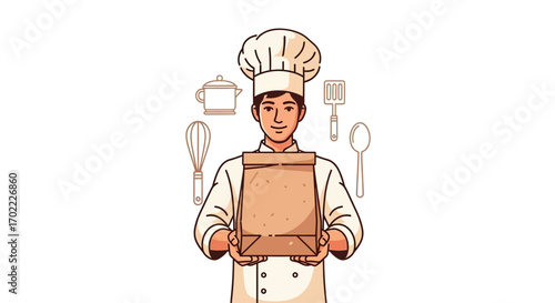 A chef holding a paper bag, representing food delivery, takeout, or ready meal service