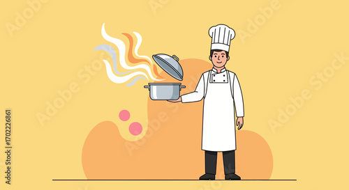 A Chef Holding a Pot with Food in a Simplified Vector Cartoon Illustration