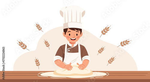 A chef kneading dough to make bread inside a kitchen cartoon illustration