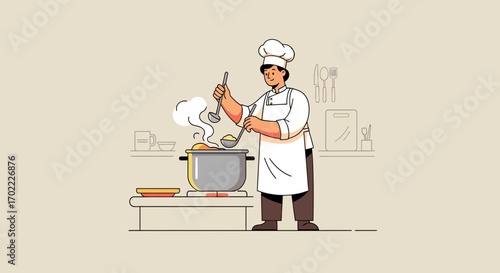 A Chef Cooking a Dish in the Kitchen  Preparing a Meal with a Pot and Ladle