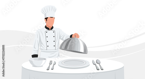 A chef presenting a meal on a table in a restaurant or eating establishment setting