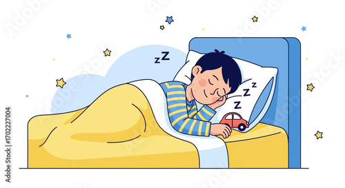 A Child Sleeping Comfortably in Bed with a Toy Car Dreaming, Peaceful Night