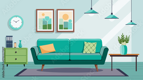 Vector art of stylish living room interior with teal sofa, artwork, and modern furniture, creating a comfortable and inviting space for relaxation and socializing