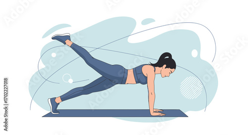 Active Woman Performing Plank Exercise, Promoting Fitness And Health, Illustrative Presentation