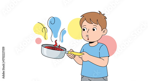 A child surprised by a hot pot and some steam in a cooking process illustration