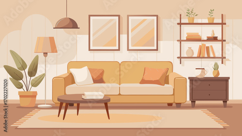 Vector art of warm and inviting living room interior with beige sofa, wooden furniture, and cozy decor, creating a comfortable and relaxing space for leisure