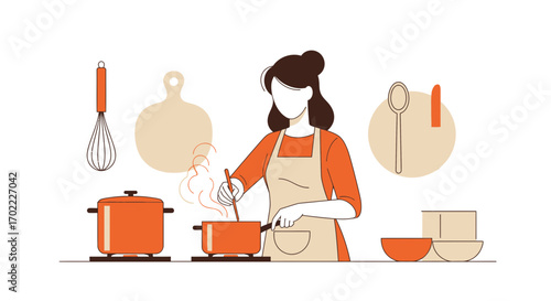 A colorful illustration of a woman cooking in the kitchen with cooking utensils and pots
