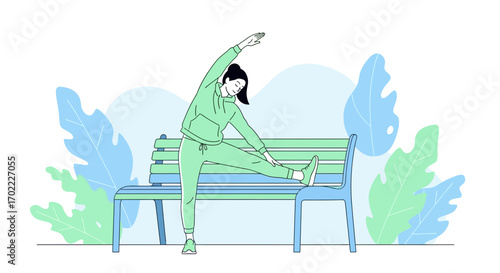 Active Woman Stretching On a Bench with Leafs Against a Soft Blue Background
