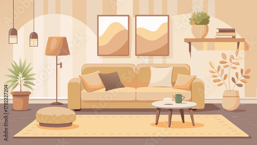 Vector art of serene living room interior with cozy sofa, artistic decor, and lush plants, creating a relaxing and inviting space for modern home enjoyment