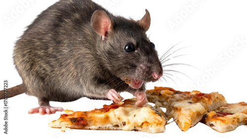 A close-up view of a brown rat sitting beside pieces of pizza. The rat is nibbling on the food, showcasing its whiskers and furry coat against a white isolated background.