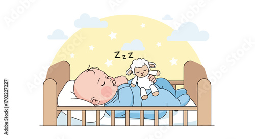 Adorable Baby Sleeping Peacefully with a Plush Toy in a Cozy Crib Illustration