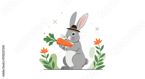 Adorable Bunny With a Stylish Hat, Holding a Carrot, Smiling and Enjoying Spring