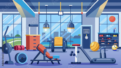 Vector art of bright and spacious gym interior with exercise equipment, including treadmill, weights, and stationary bike, perfect for fitness and healthy lifestyle