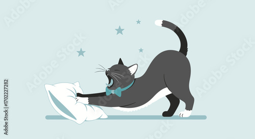 Adorable cartoon cat stretching and yawning with a pillow and stars in a cute illustration