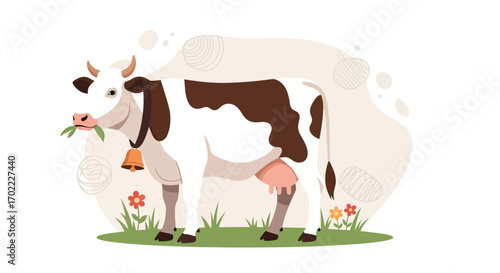 Adorable Cow Grazing In Green Field With Bell, Flowers and Cute Illustration