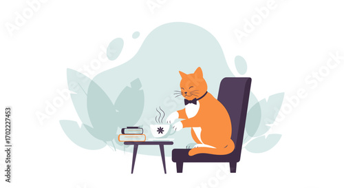 A Dapper Cat Relaxing With Coffee And Books After A Long Day Of Work
